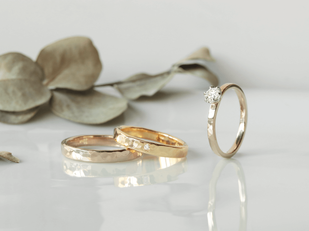 Hammered Texture Wedding Bands and Engagement Ring