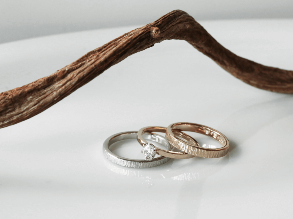 Foresta Wedding Bands and Hammered Texture Engagement Ring