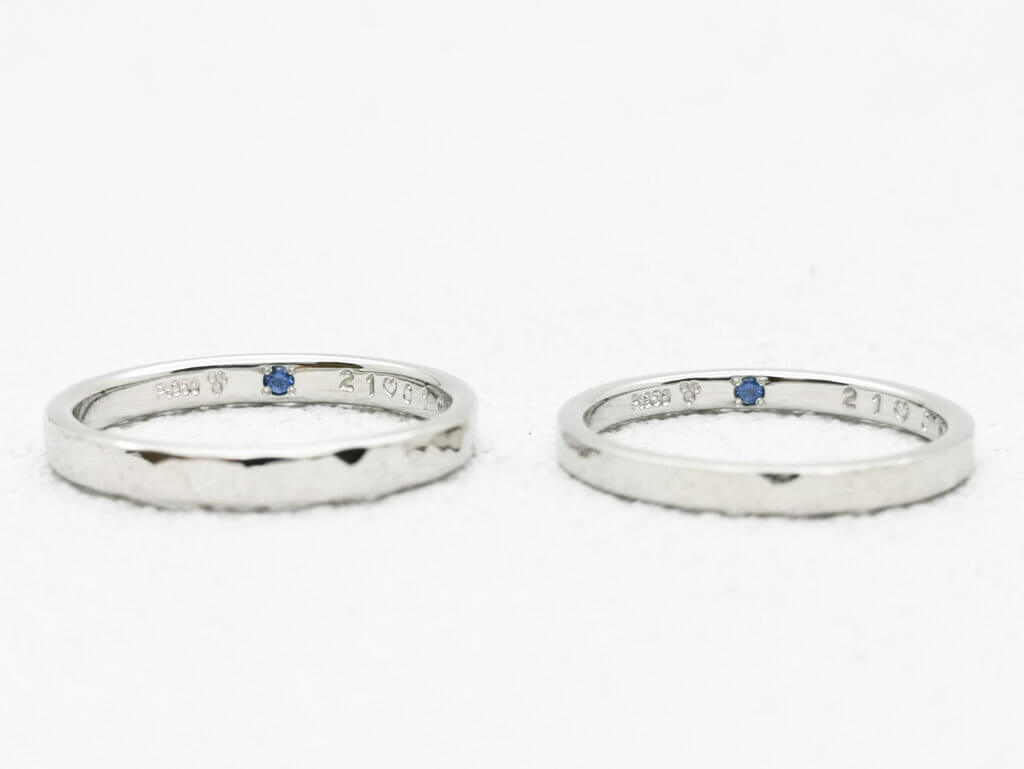 Handmade wedding band with matching blue sapphires