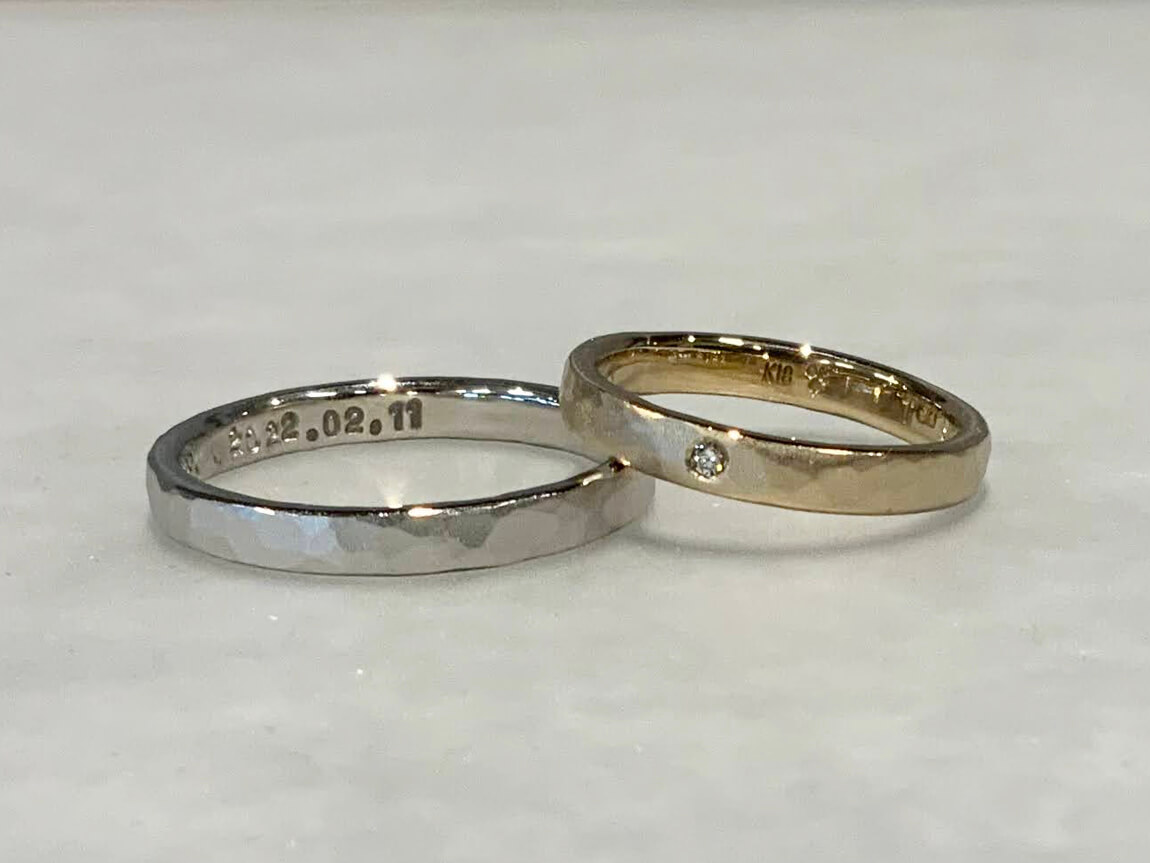 Handmade wedding band in platinum and champagne gold, hammered and ...