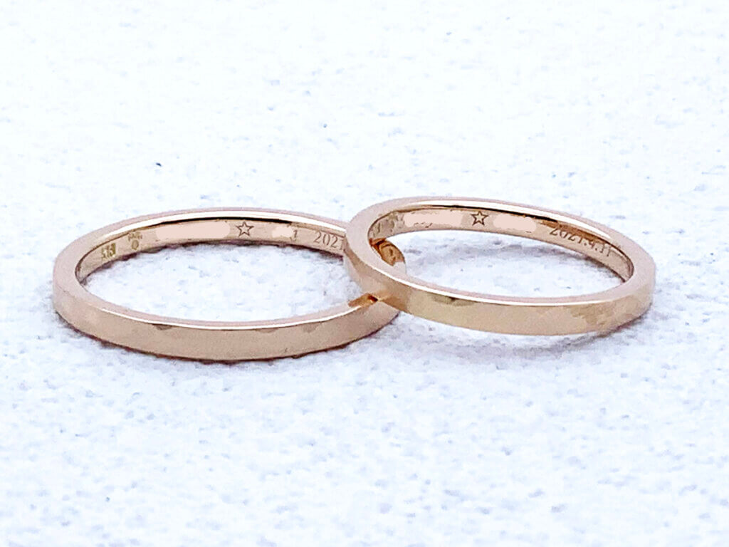 ピンクゴールドで作る槌目つや消しの手作り結婚指輪