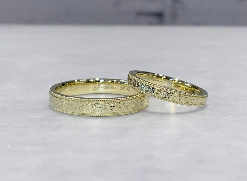 ミル打ち+スノーフレーク　オリエンタルな雰囲気の手作り結婚指輪